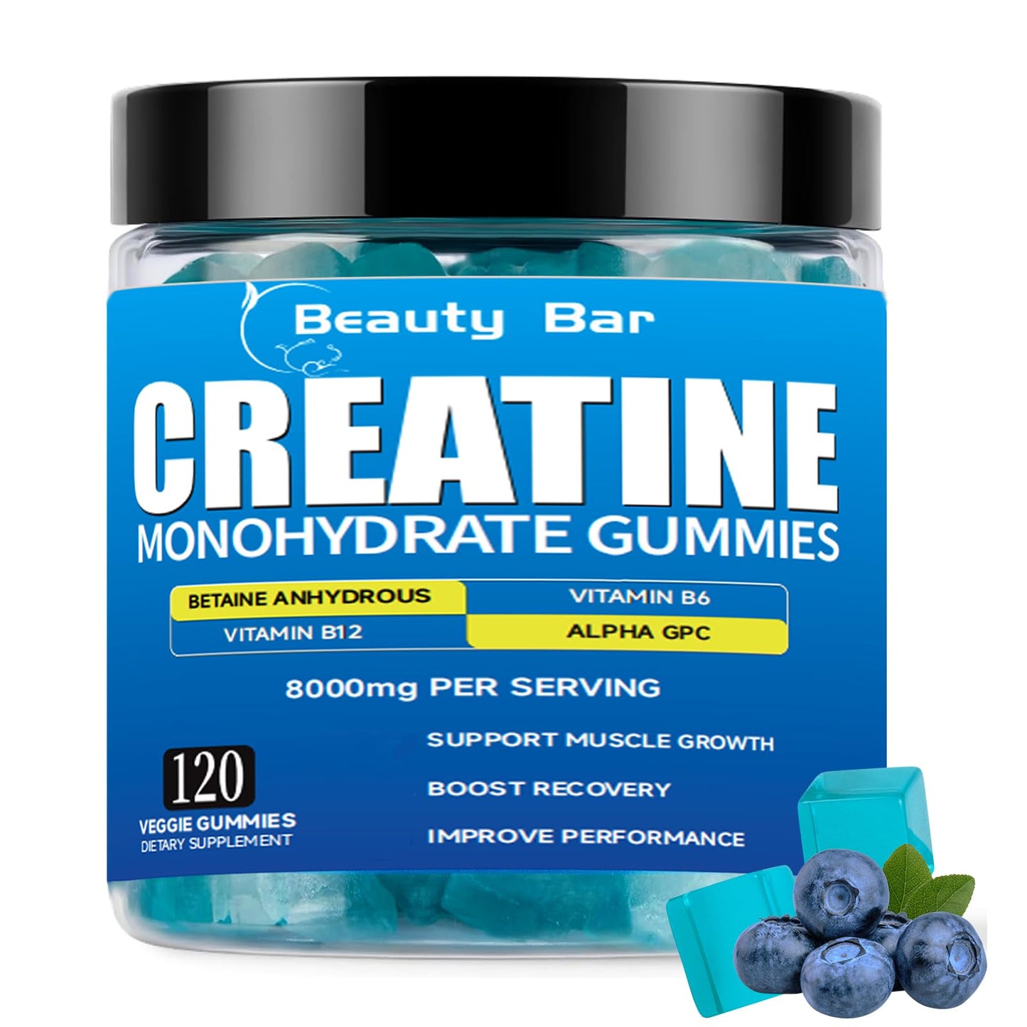 Aavlarla Creatine Monohydrate Gummies – 8000mg per Serving, Vegan, Sugar-Free, Blueberry Flavor, 120 Count