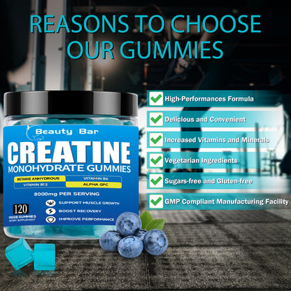 Aavlarla Creatine Monohydrate Gummies – 8000mg per Serving, Vegan, Sugar-Free, Blueberry Flavor, 120 Count
