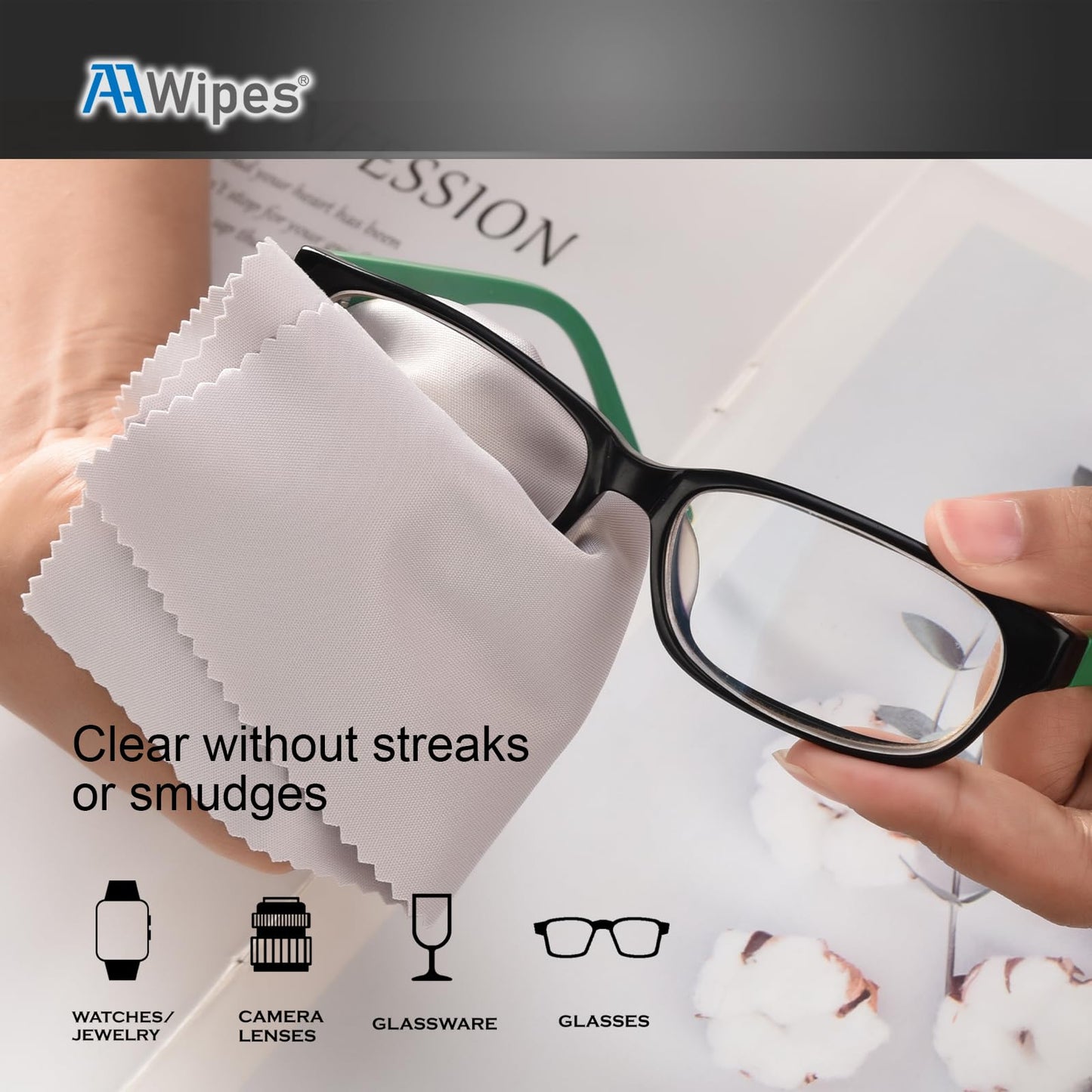 AAWipes Eyeglasses Cleaning Cloths – 30 Pack (6x7 inches), White & Dark Grey – Microfiber Lens Wipes V0693