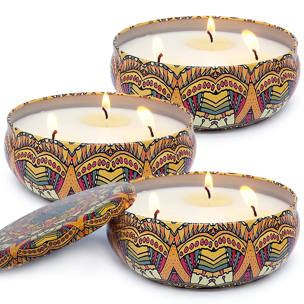 Abarli Citronella Candles Outdoor – 3-Pack, Large 13.5oz Soy Wax, 3-Wick, Blue & White Tin