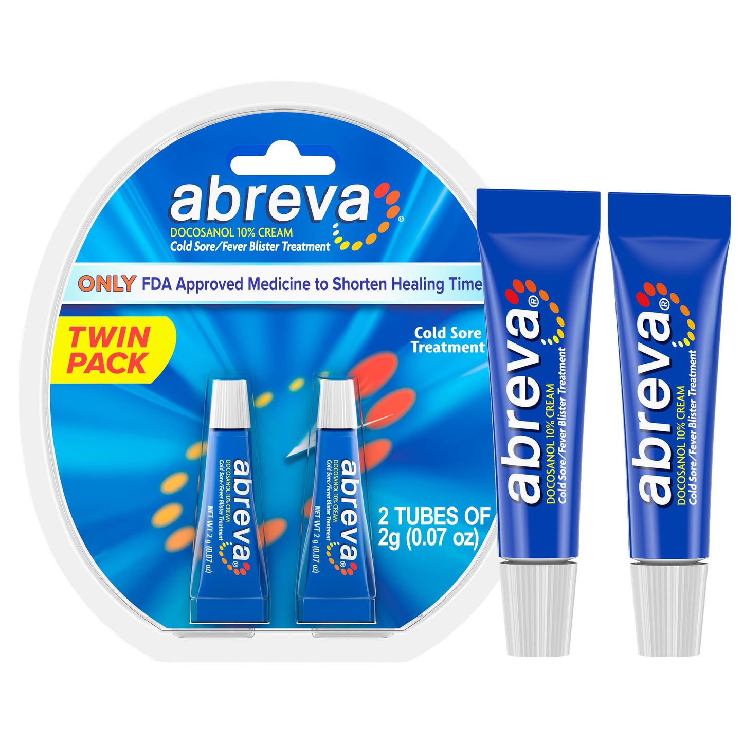 Abreva 10% Docosanol Cold Sore Treatment – Shortens Healing Time to 2.5 Days (0.07 oz) Tube x2