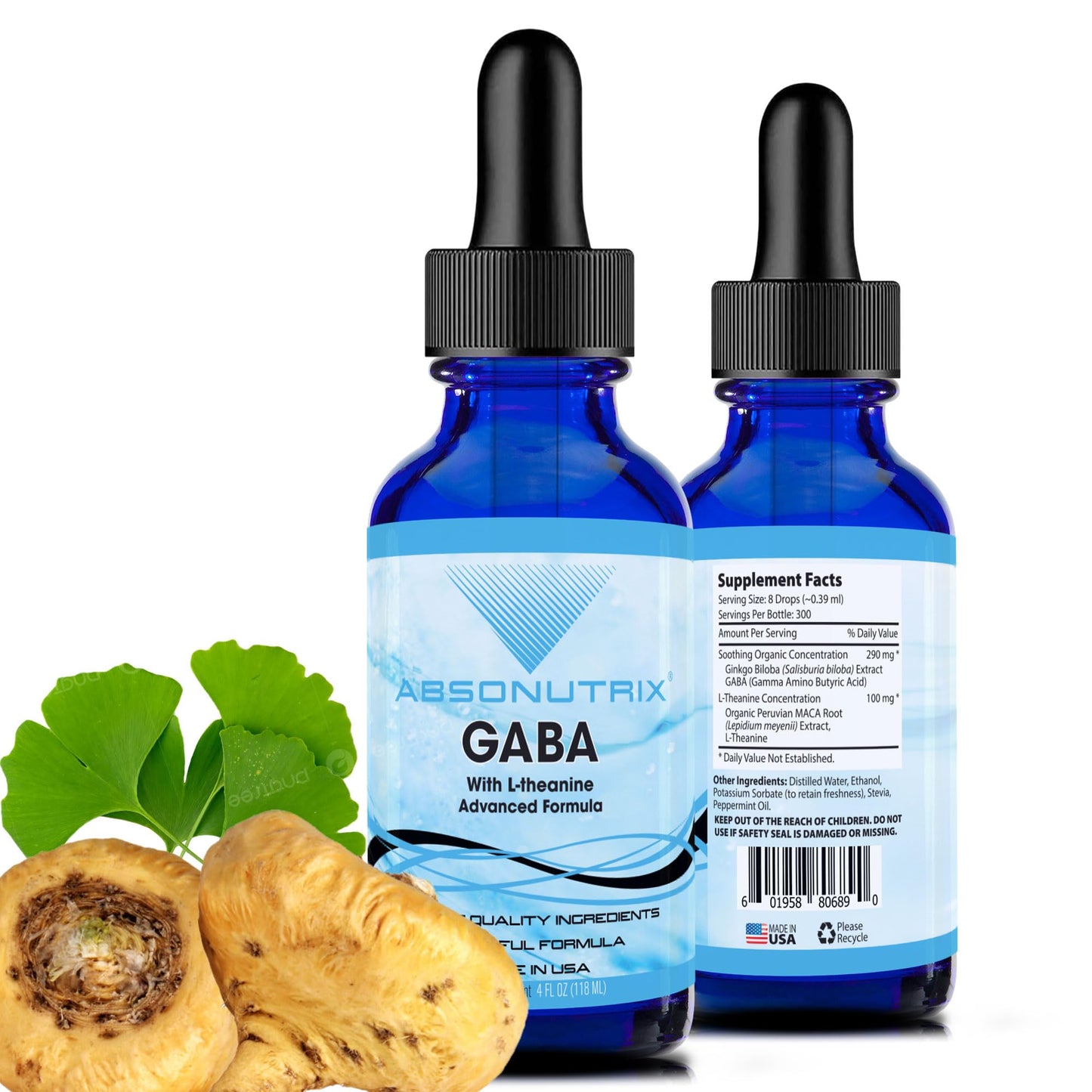 Absonutrix GABA + L-Theanine 290 mg Liquid — 4 oz, 300 Servings, Made in USA