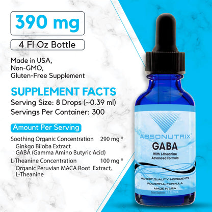 Absonutrix GABA + L-Theanine 290 mg Liquid — 4 oz, 300 Servings, Made in USA