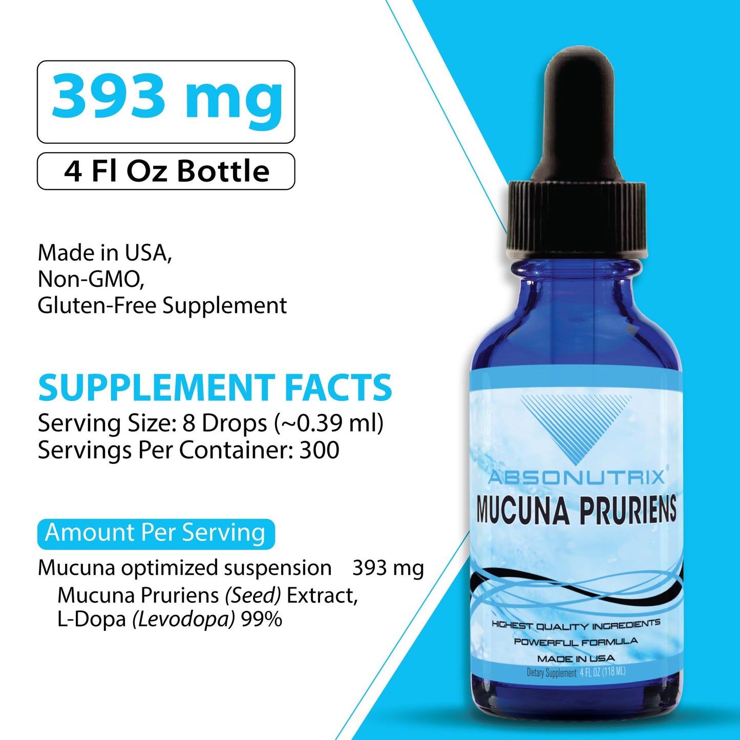 Absonutrix Mucuna Pruriens 393mg – Liquid, 4 oz, 300 Servings – Made in USA