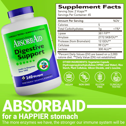 AbsorbAid Digestive Enzymes 240 vCaps, Proven to Increase Vital Nutrient Absorption by up to 71%