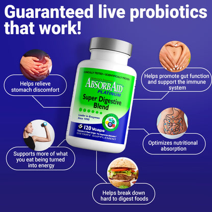 AbsorbAid Platinum Digestive Enzyme Support – 120 vCaps, 12 Enzymes + 2 Probiotics
