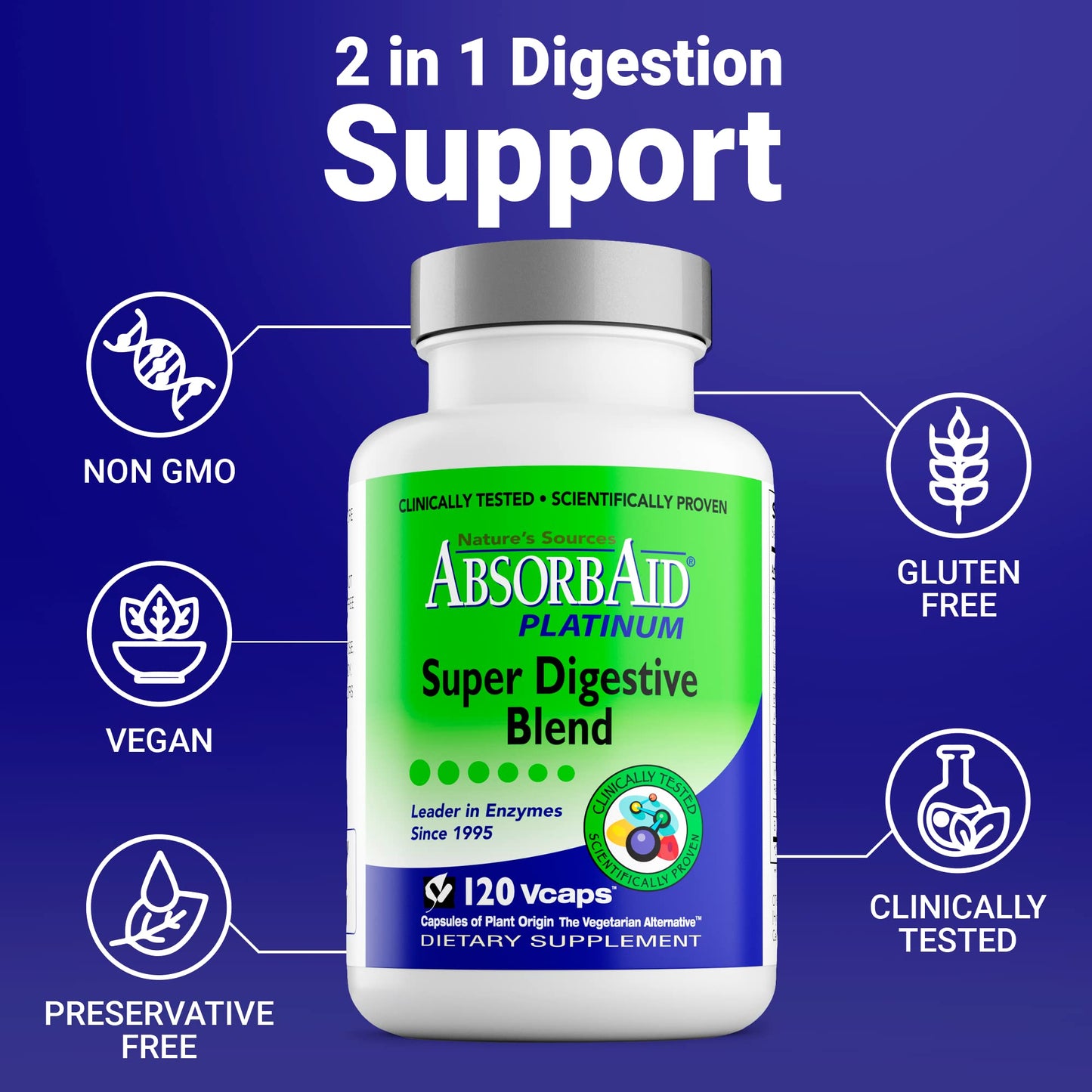AbsorbAid Platinum Digestive Enzyme Support – 120 vCaps, 12 Enzymes + 2 Probiotics