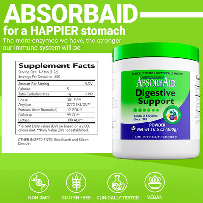 AbsorbAid Digestive Enzymes 300 Grams, Proven to Increase Vital Nutrient Absorption by up to 71%