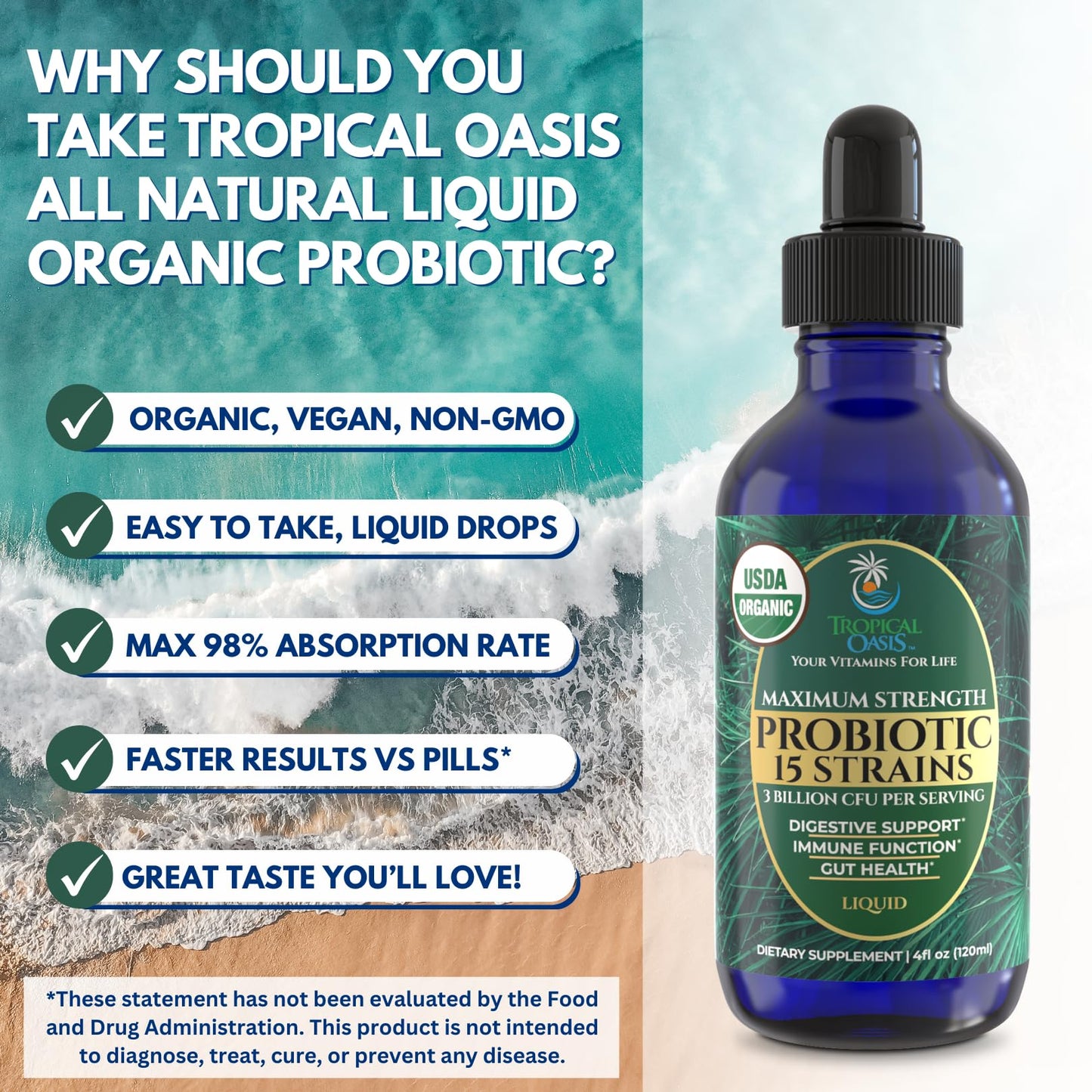 USDA Organic Liquid Probiotics for Men, Women & Kids – 15 Strains, 3B CFU, 98% Absorption, Vegan