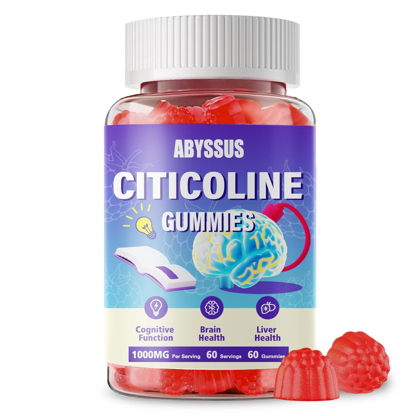 ABYSSUS CDP Choline Gummies 1000mg – High Potency Citicoline for Brain Health, Liver Support | Sugar-Free 60 Count