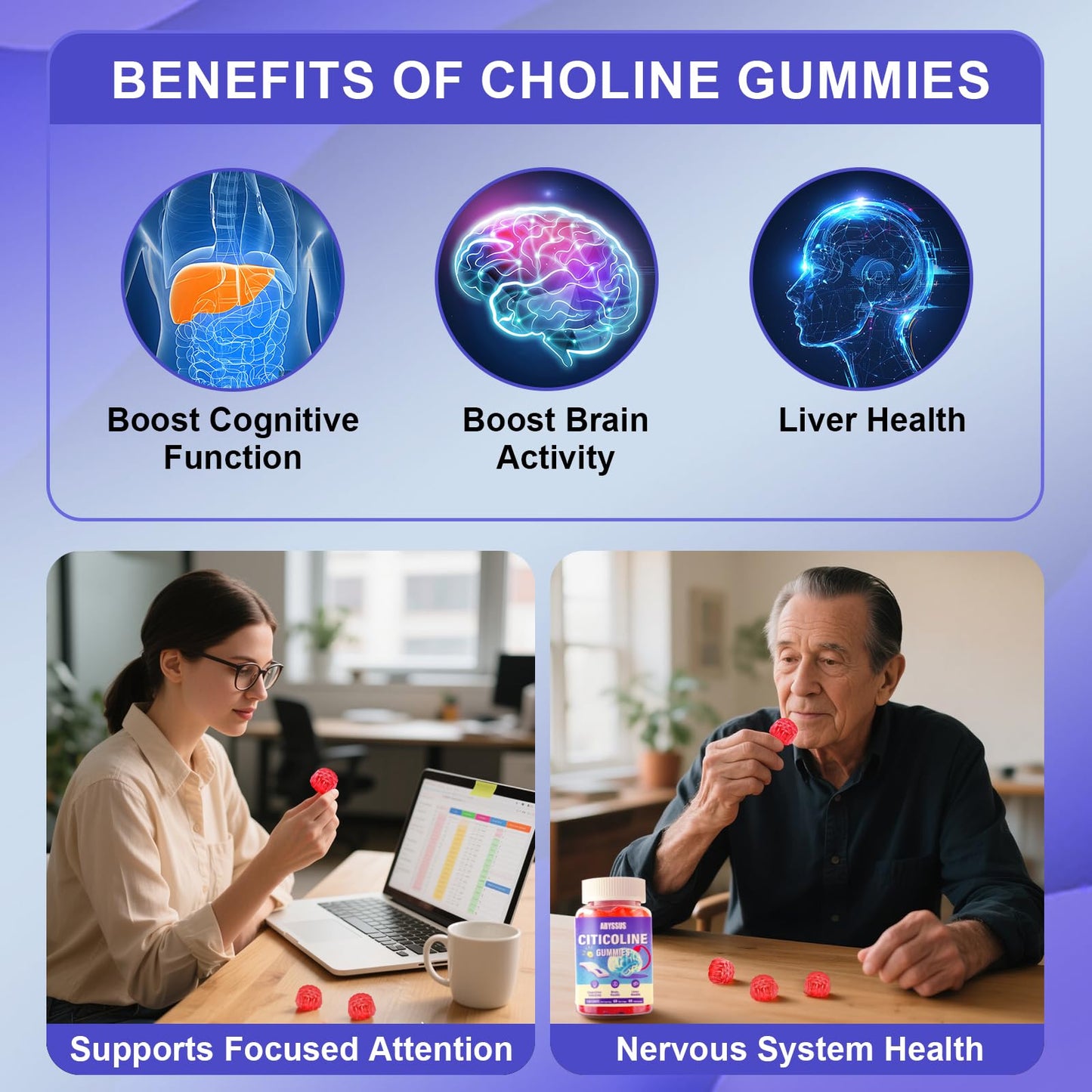ABYSSUS CDP Choline Gummies 1000mg – High Potency Citicoline for Brain Health, Liver Support | Sugar-Free 60 Count