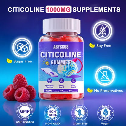 ABYSSUS CDP Choline Gummies 1000mg – High Potency Citicoline for Brain Health, Liver Support | Sugar-Free 60 Count