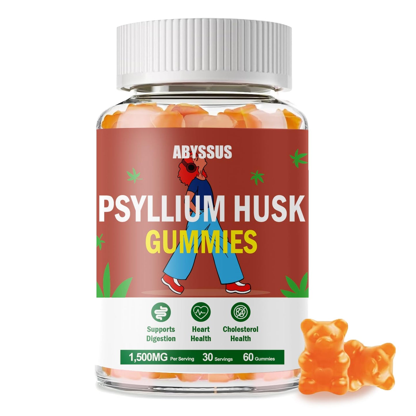 ABYSSUS Psyllium Husk Gummies 1500mg – Digestive Health, Sugar-Free Peach, 60 Count