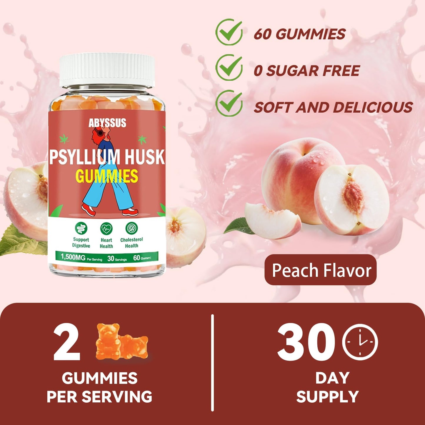 ABYSSUS Psyllium Husk Gummies 1500mg – Digestive Health, Sugar-Free Peach, 60 Count
