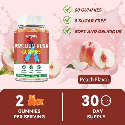 ABYSSUS Psyllium Husk Gummies 1500mg – Digestive Health, Sugar-Free Peach, 60 Count