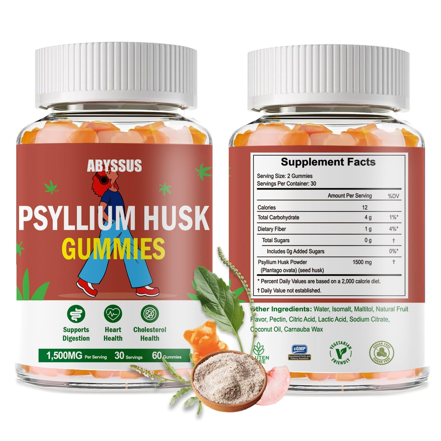 ABYSSUS Psyllium Husk Gummies 1500mg – Digestive Health, Sugar-Free Peach, 60 Count
