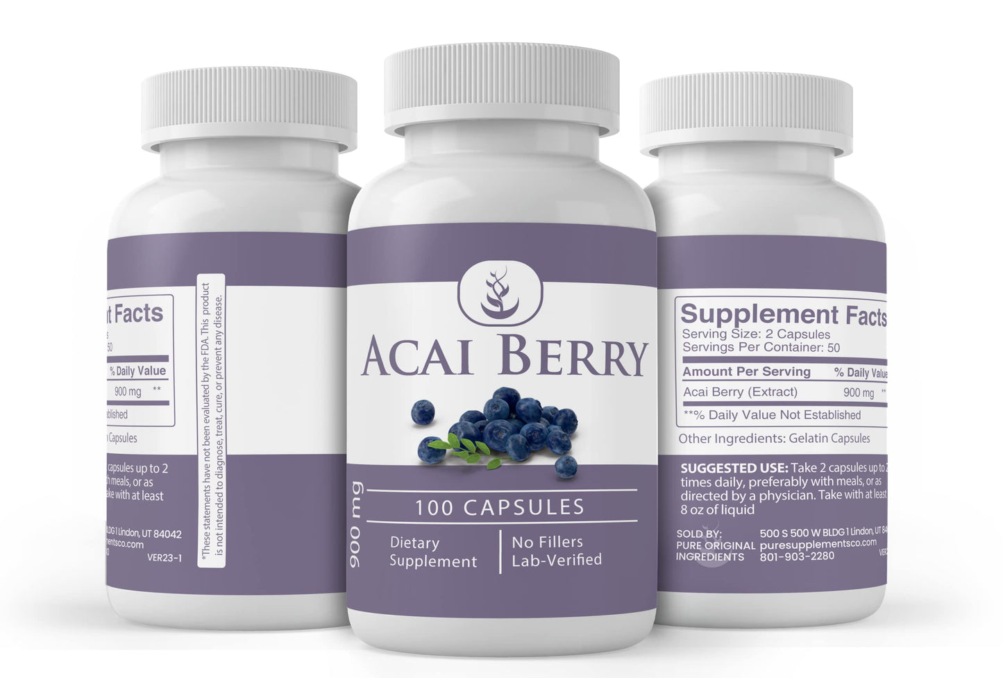 Acai Berry Capsules 100 (Pack of 2) – Pure Original Ingredients, No Magnesium or Rice Fillers, Lab Verified