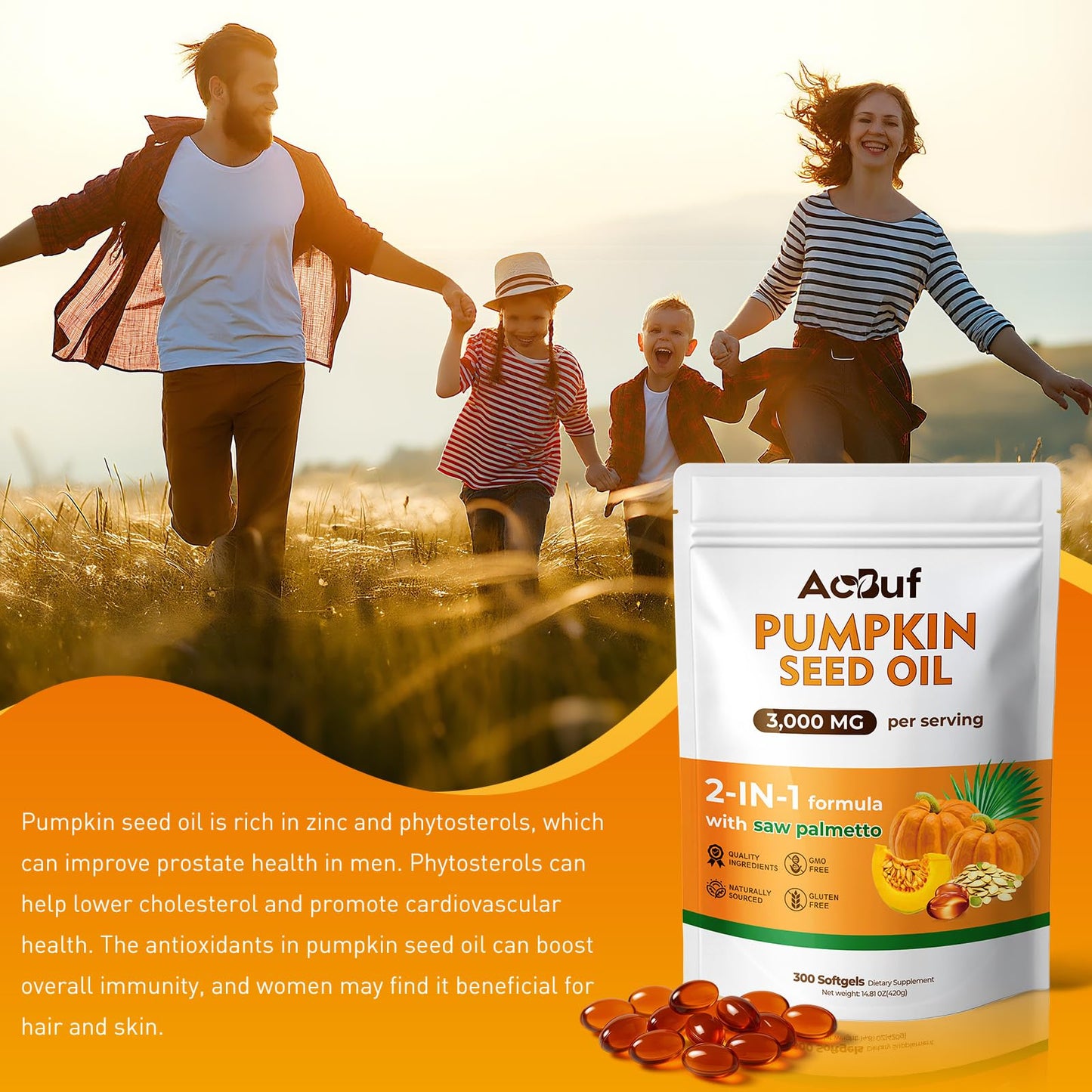 ACBUF Pumpkin Seed Oil with Saw Palmetto – 3000mg per Serving, 300 Softgels
