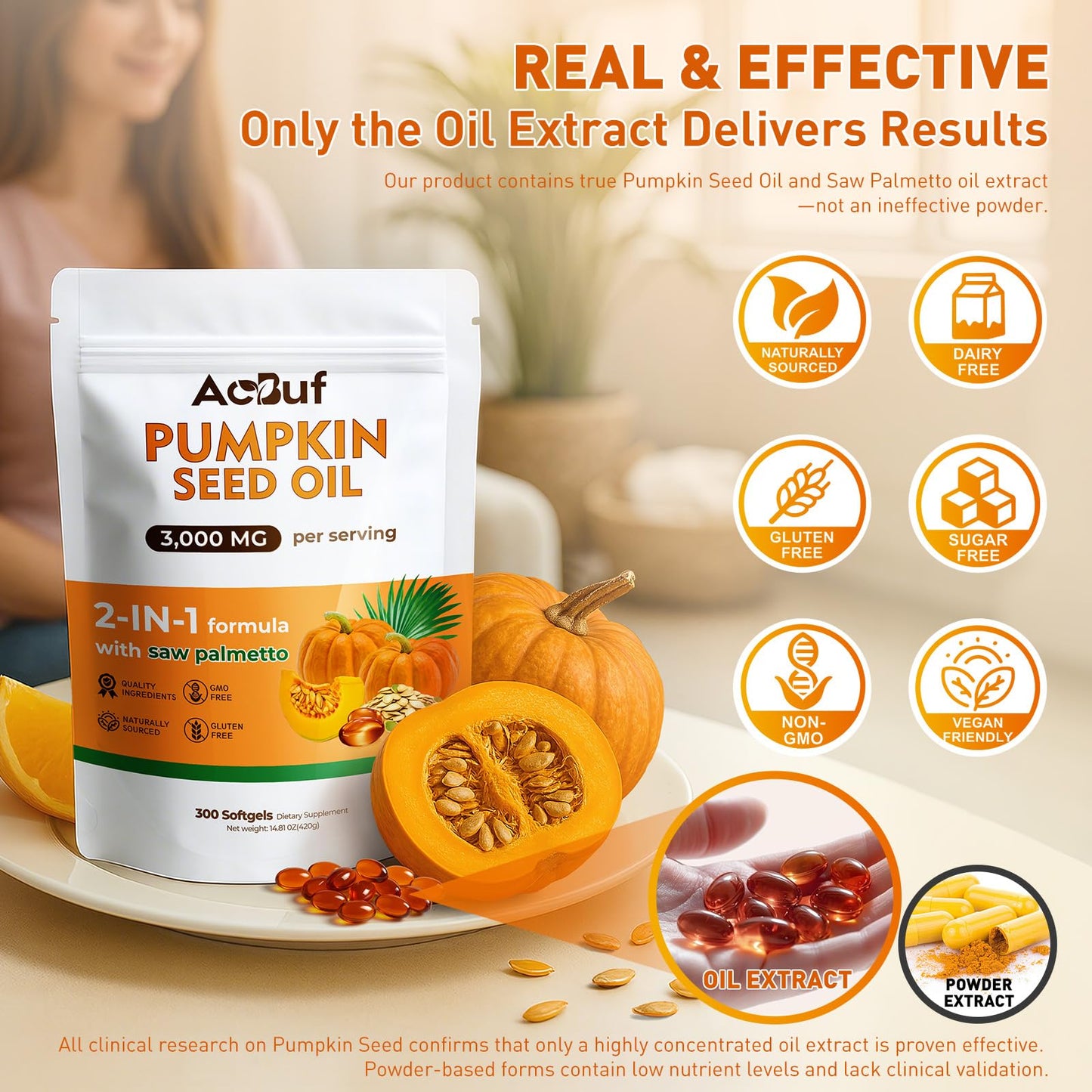 ACBUF Pumpkin Seed Oil with Saw Palmetto – 3000mg per Serving, 300 Softgels
