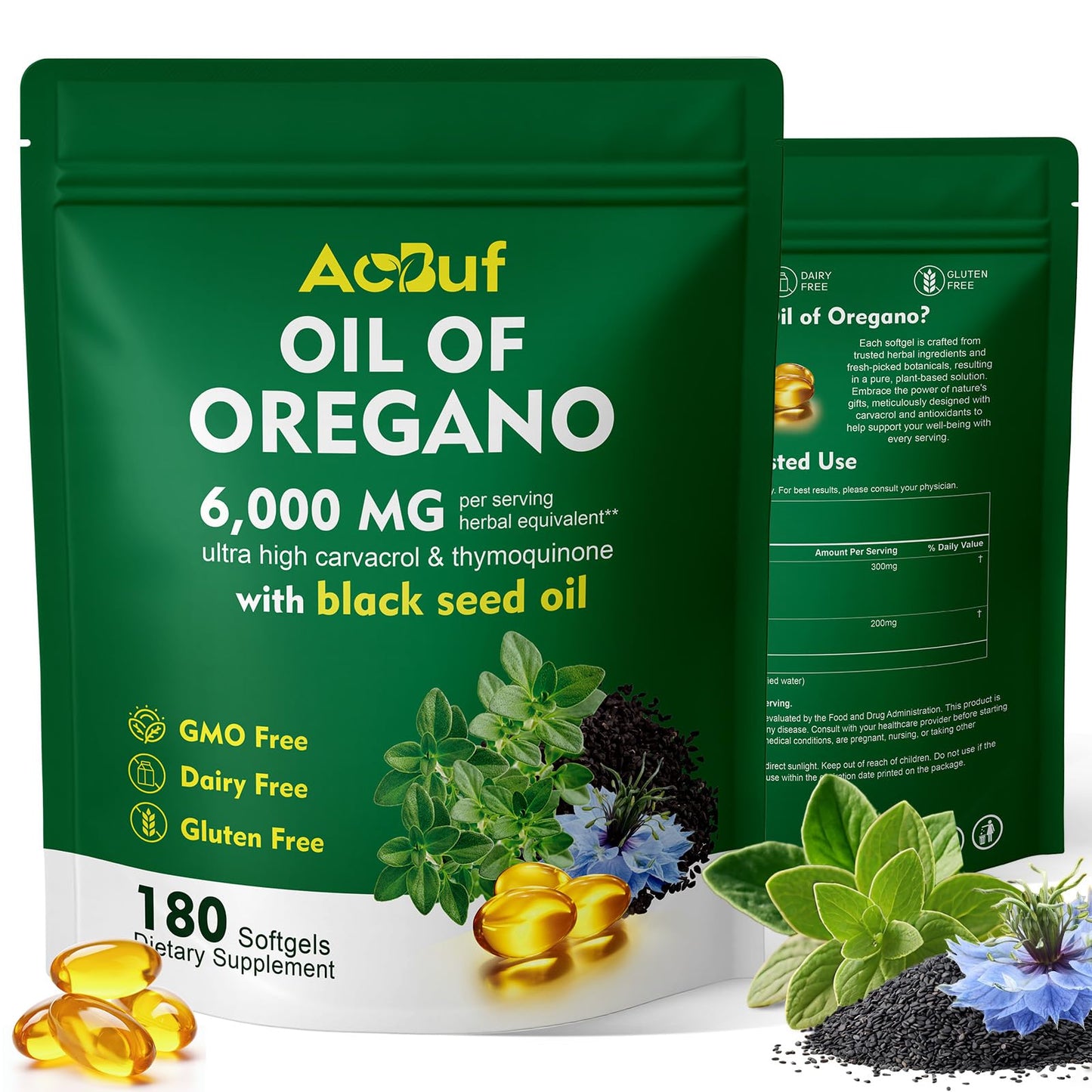 ACBUF Oil of Oregano with Black Seed Oil – 180 Softgels, Organic, 165mg Carvacrol