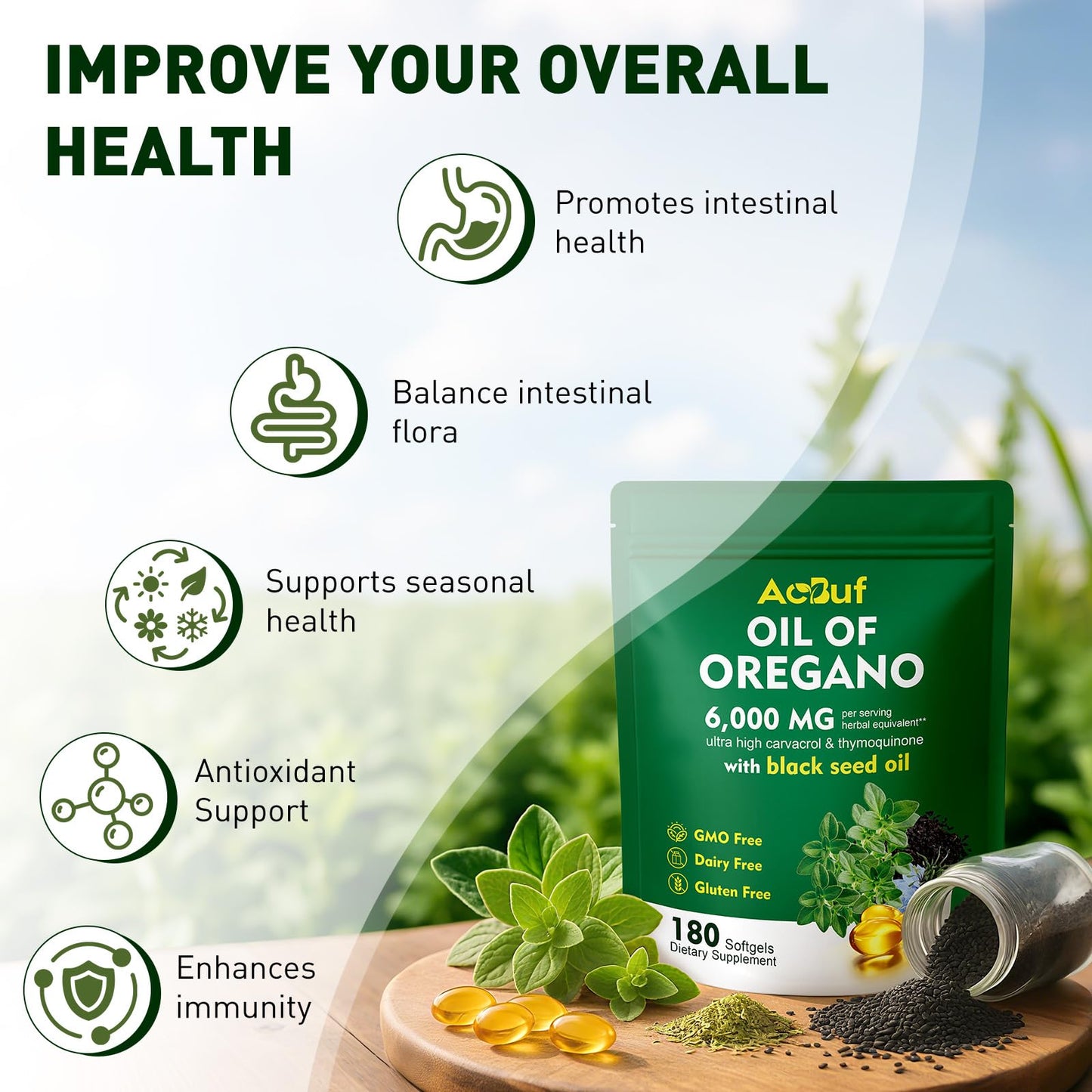 ACBUF Oil of Oregano with Black Seed Oil – 180 Softgels, Organic, 165mg Carvacrol
