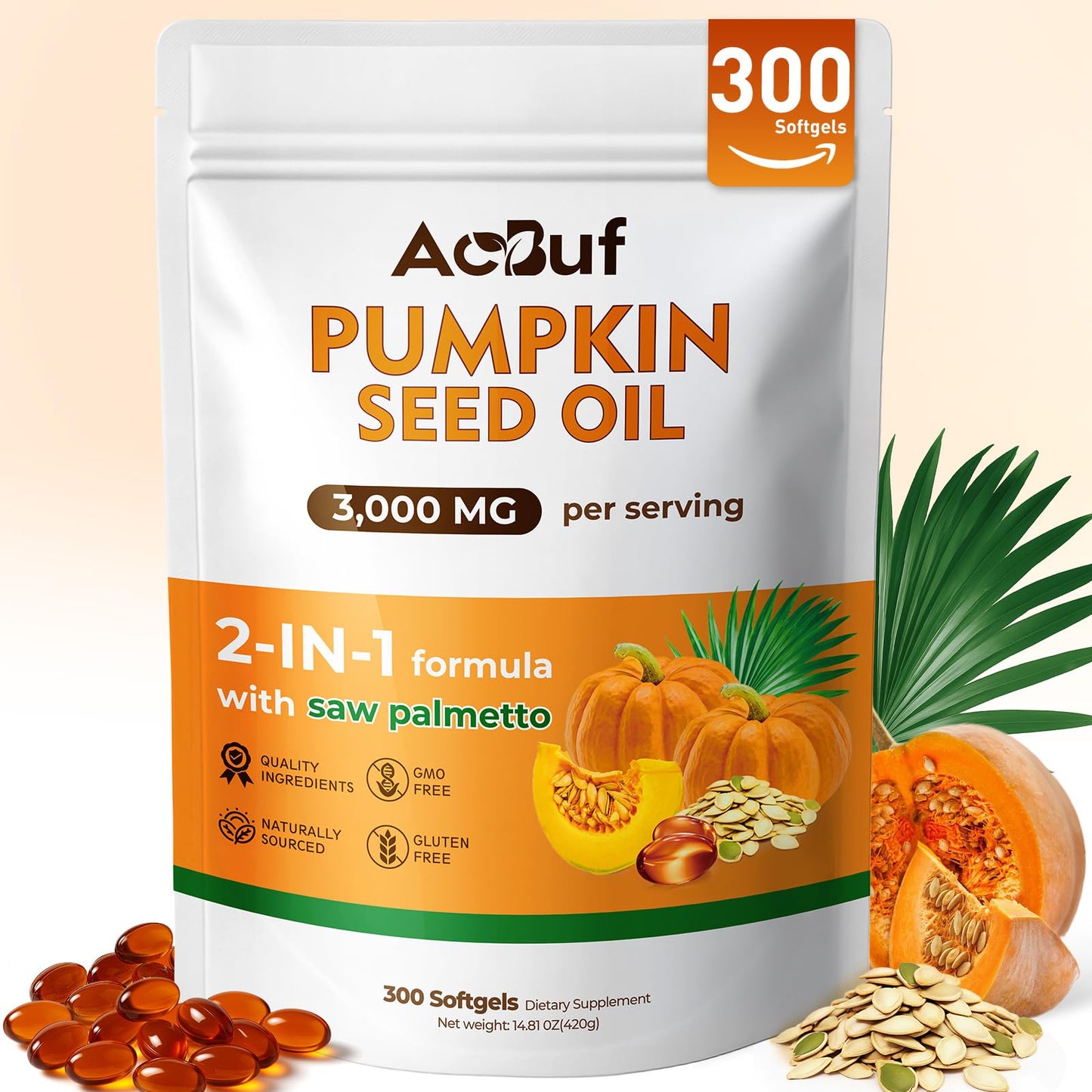 ACBUF Pumpkin Seed Oil with Saw Palmetto – 3000mg per Serving, 300 Softgels