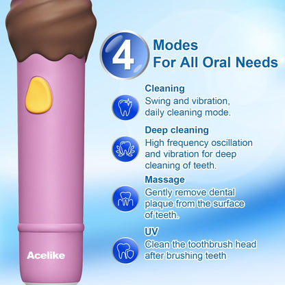 Acelike UV Self-Clean Kids Electric Toothbrush Pink | 4 Modes, 2-Min Timer, Soft Silicone Grip