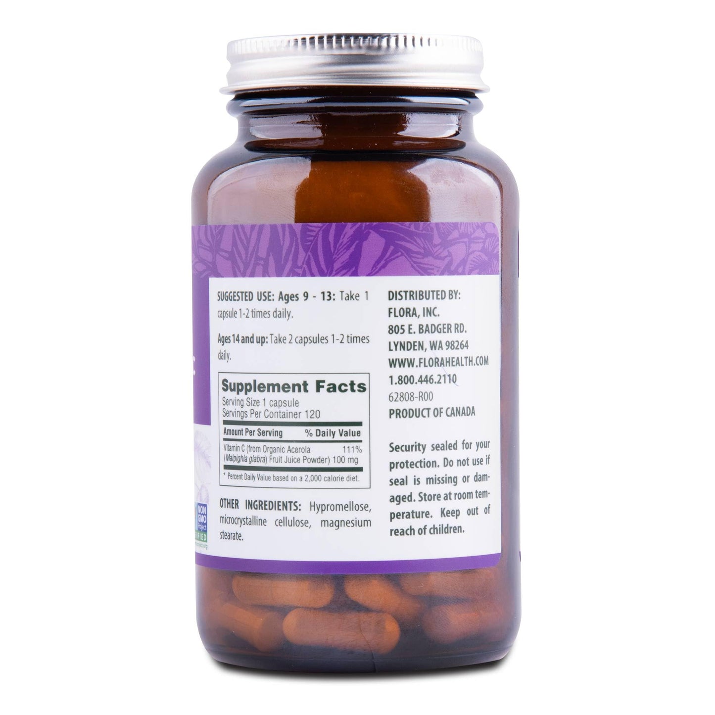 Flora Health Acerola Natural Vitamin C — Daily Immune Booster, Gluten Free & Vegan, 120 Capsules