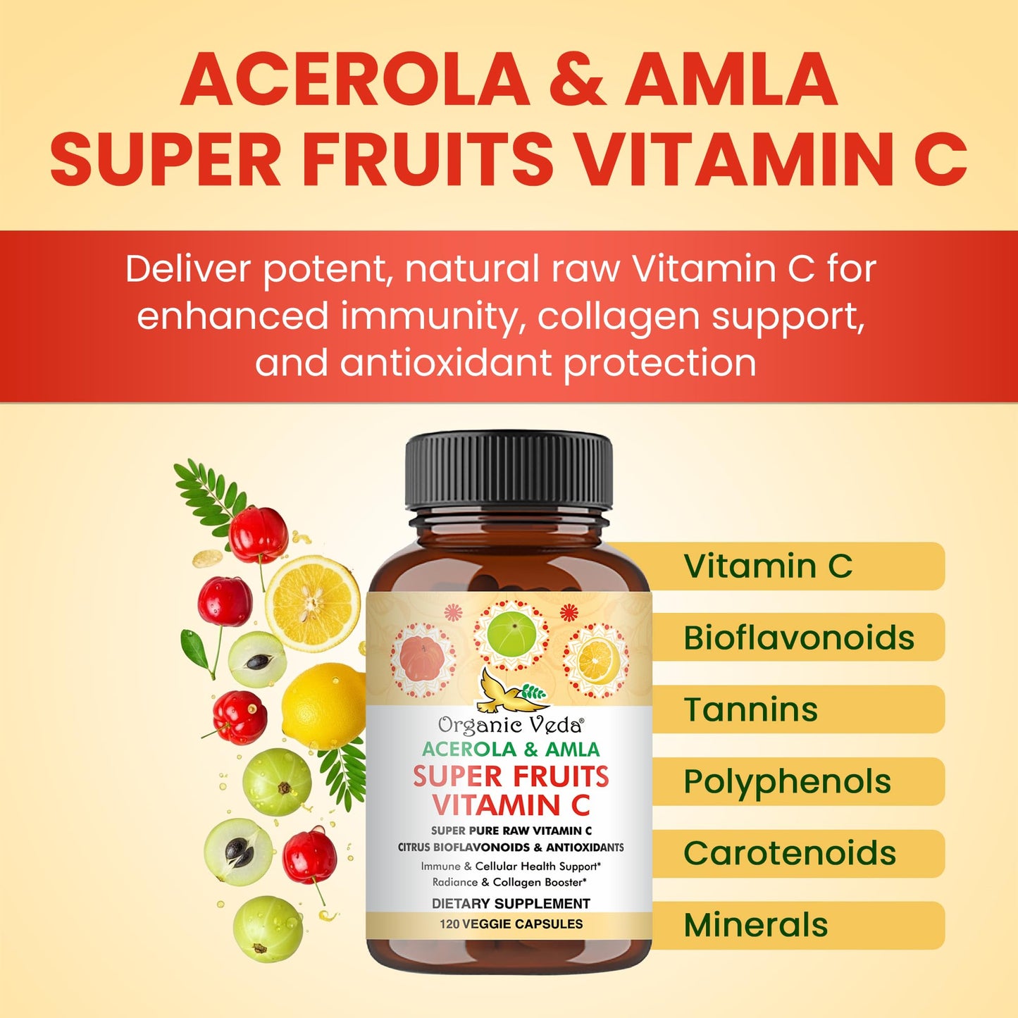 Organic Veda Superfruits Vitamin C Capsule – Acerola & Amla, 120 Vegan Pills