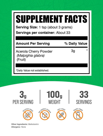 BulkSupplements.com Acerola Cherry Powder – Vitamin C, Gluten Free, 100g (3.5 oz) – 3g Serving