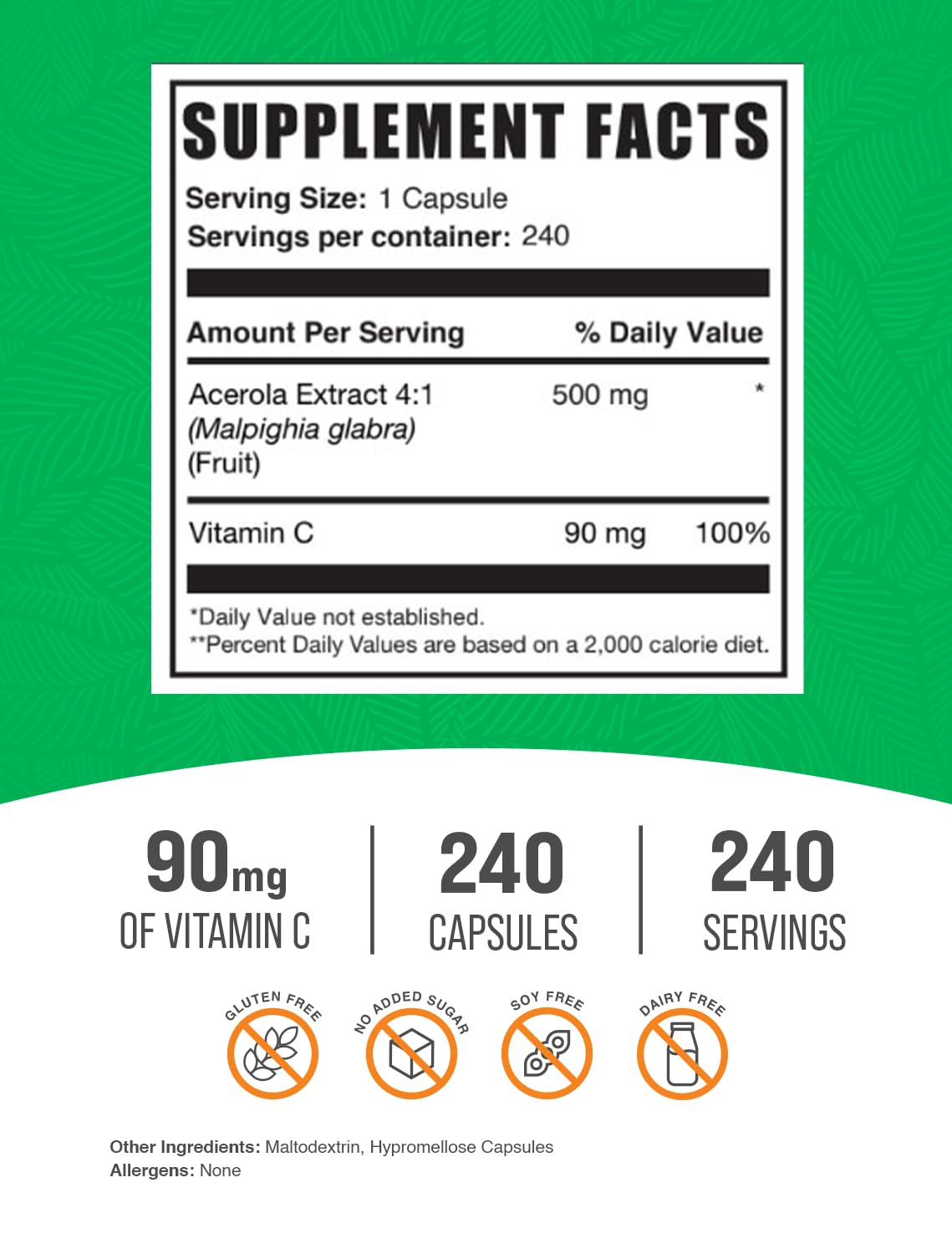Vitamin C from Acerola Cherry Capsules - Gluten Free, 240 Veg Caps