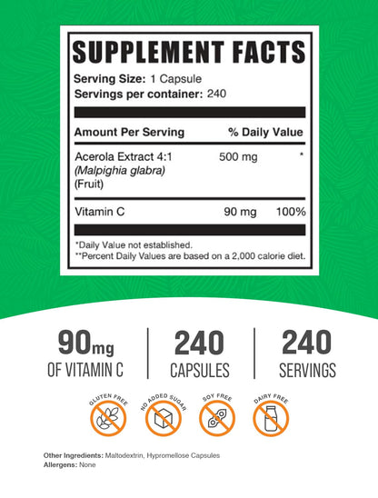 Vitamin C from Acerola Cherry Capsules - Gluten Free, 240 Veg Caps