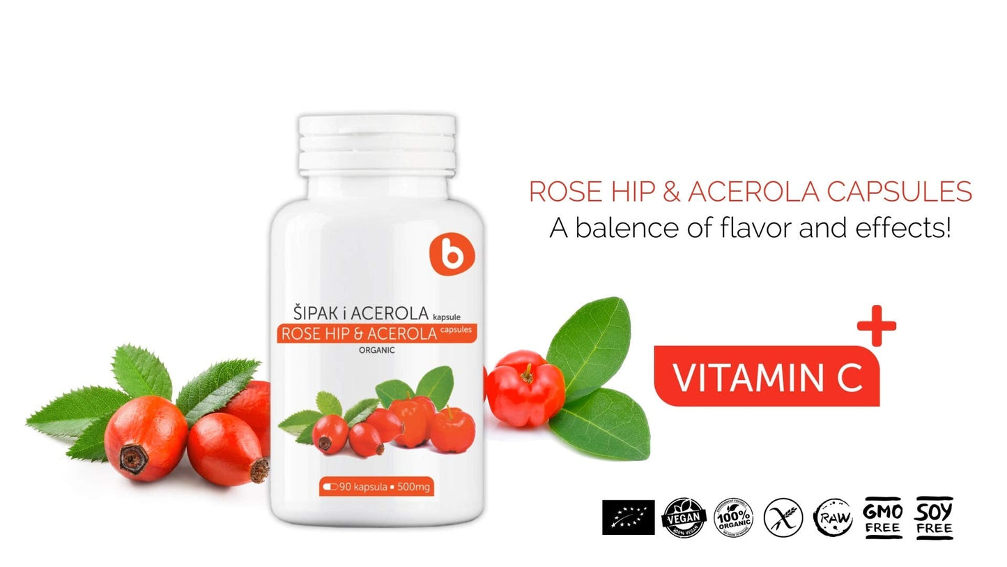 Organic RoseHips & Acerola Capsules – Plant-Based Vitamin C 1000mg | Vegan, GMO-Free (90 Capsules)
