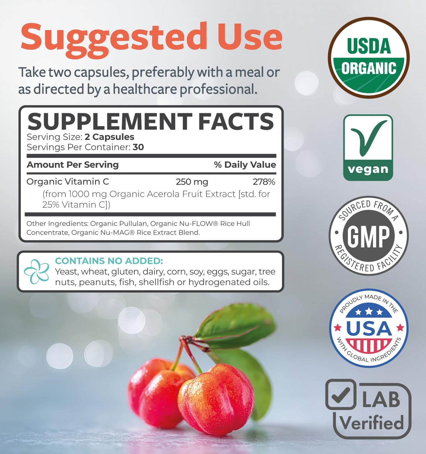 Certified Organic Vitamin C Supplement - Acerola Immune Support (1 Month Supply)