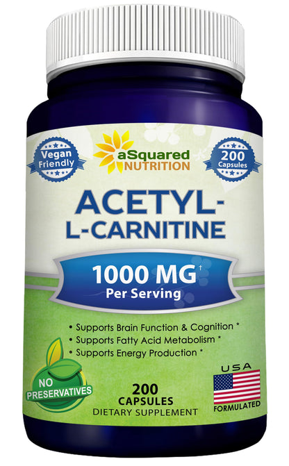 aSquared Nutrition Acetyl L-Carnitine 1000mg - 200 Veggie Capsules | High-Dose ALCAR for Energy & Brain Support
