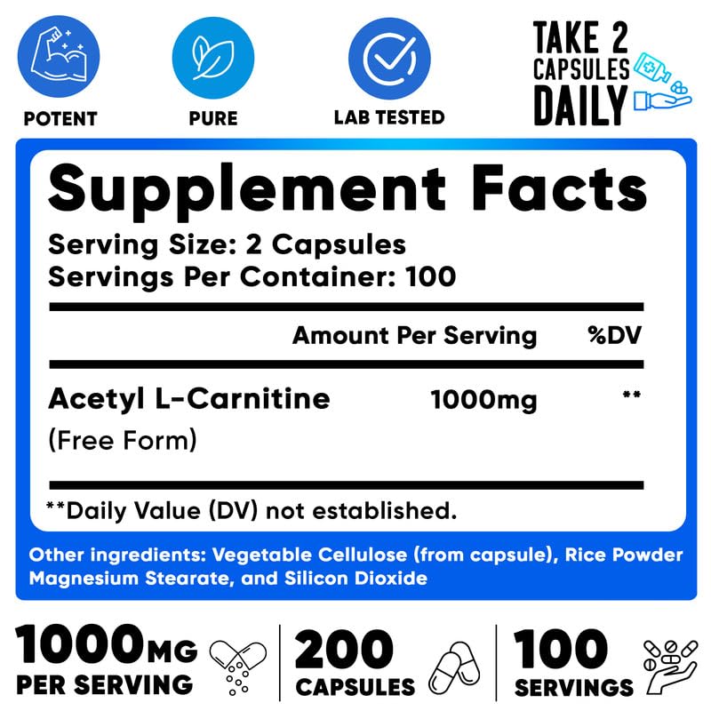 We Like Vitamins Acetyl L-Carnitine 1000mg Capsules - 200 Easy-to-Swallow Veggie Capsules for Focus, Brain & Energy