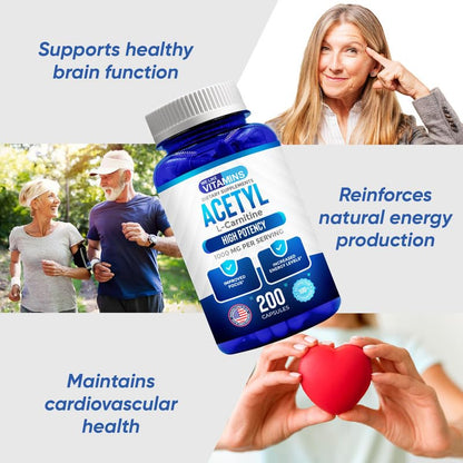 We Like Vitamins Acetyl L-Carnitine 1000mg Capsules - 200 Easy-to-Swallow Veggie Capsules for Focus, Brain & Energy