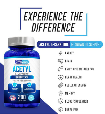 We Like Vitamins Acetyl L-Carnitine 1000mg Capsules - 200 Easy-to-Swallow Veggie Capsules for Focus, Brain & Energy