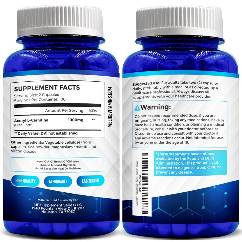 We Like Vitamins Acetyl L-Carnitine 1000mg Capsules - 200 Easy-to-Swallow Veggie Capsules for Focus, Brain & Energy