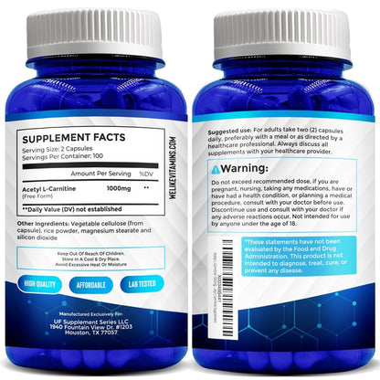 We Like Vitamins Acetyl L-Carnitine 1000mg Capsules - 200 Easy-to-Swallow Veggie Capsules for Focus, Brain & Energy