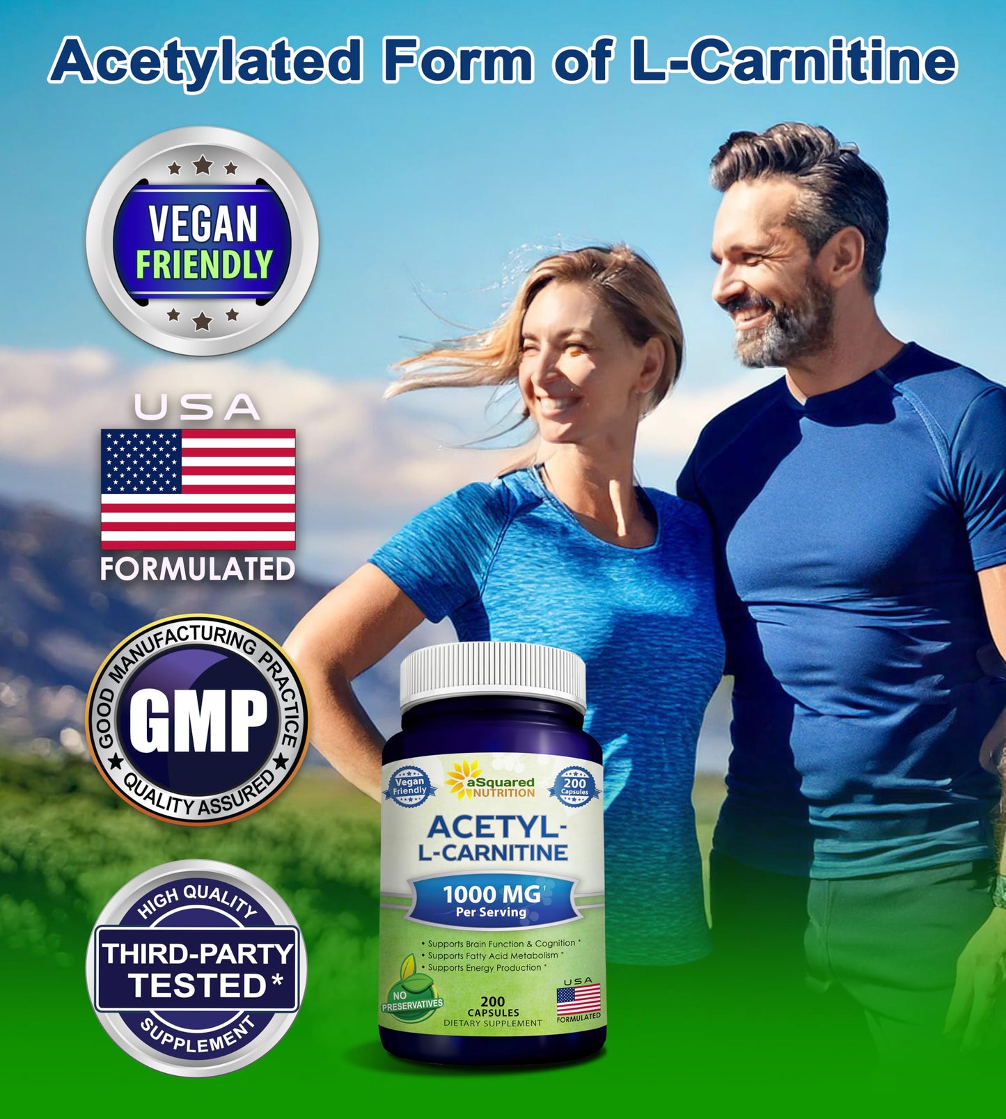 aSquared Nutrition Acetyl L-Carnitine 1000mg - 200 Veggie Capsules | High-Dose ALCAR for Energy & Brain Support