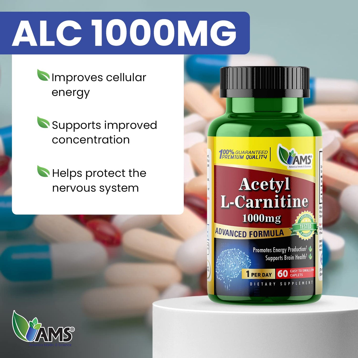 America Medic & Science Acetyl L-Carnitine 1000mg | 60 Tablets | Energy & Brain Health