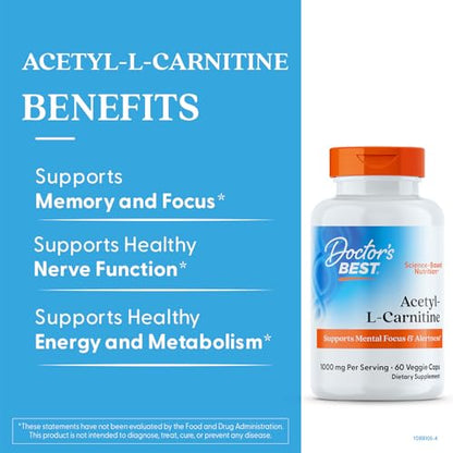 Doctors Best Acetyl-L-Carnitine (ALC) – Supports Mental Focus, Non-GMO, Vegan, 60 Veggie Caps