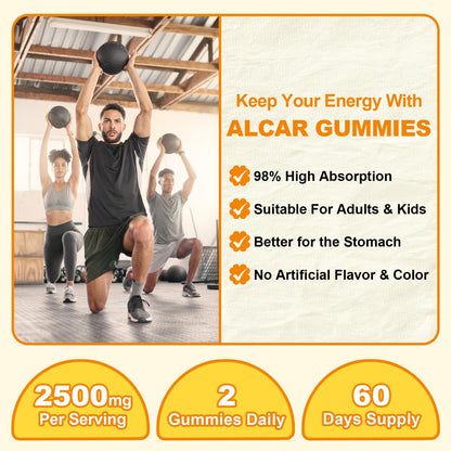 2 Pack Acetyl L-Carnitine Gummies Sugar Free - Premium L-Carnitine Supplement for Energy, Focus & Brain Support | 120 Count