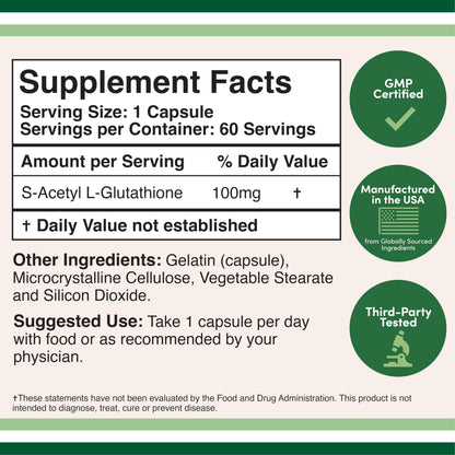 S-Acetyl L-Glutathione Capsules 100mg, 60 Count – Acetylated Glutathione by Double Wood