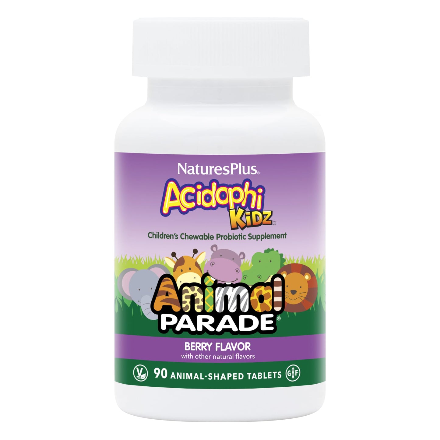 NaturesPlus Animal Parade AcidophiKidz Berry Flavor 90 Chewables – 2-Pack with Probiotics, FOS & Grape Seed | 180 Total Servings