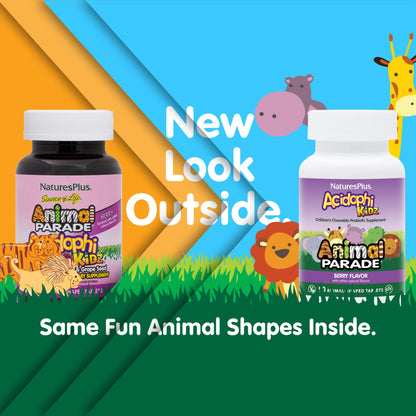 NaturesPlus Animal Parade AcidophiKidz Berry Flavor – 90 Chewables | Probiotics, FOS & Grape Seed