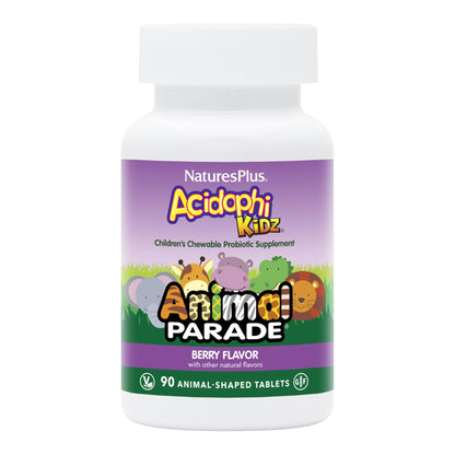 NaturesPlus Animal Parade AcidophiKidz Berry Flavor – 90 Chewables | Probiotics, FOS & Grape Seed
