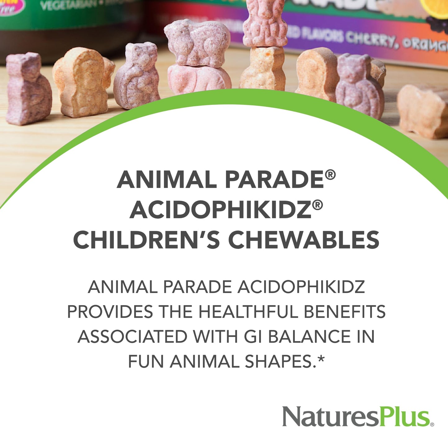 NaturesPlus Animal Parade AcidophiKidz Berry Flavor – 90 Chewables | Probiotics, FOS & Grape Seed