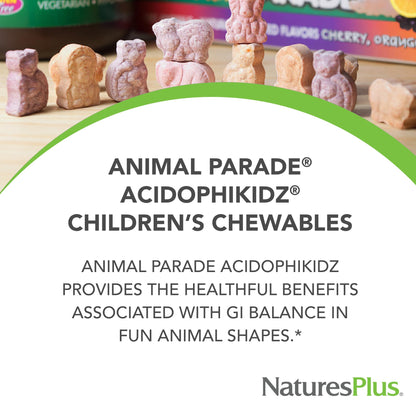 NaturesPlus Animal Parade AcidophiKidz Berry Flavor – 90 Chewables | Probiotics, FOS & Grape Seed